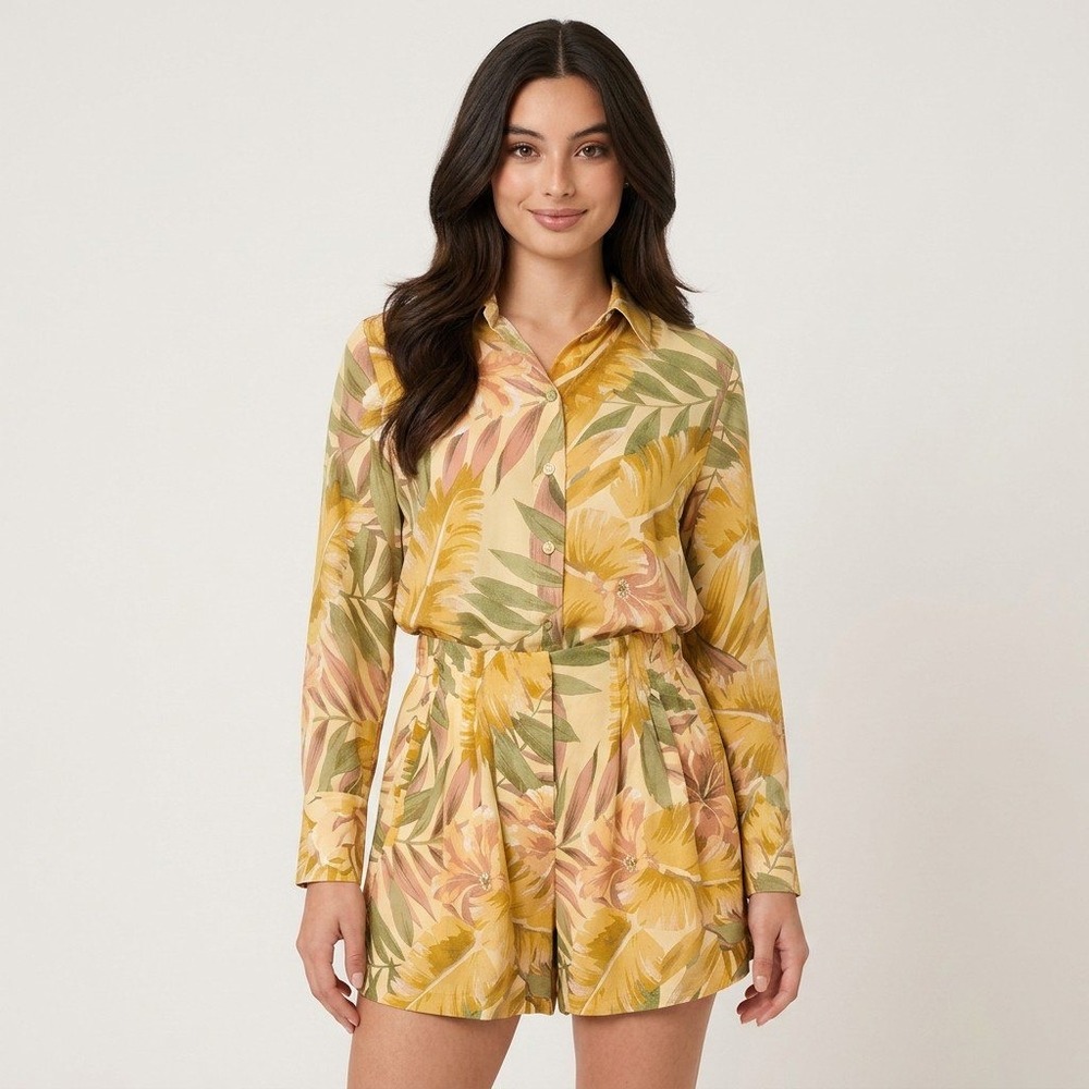 COS Women Yellow Tropical Floral Print Shirt and Shorts Matching Set Size 4